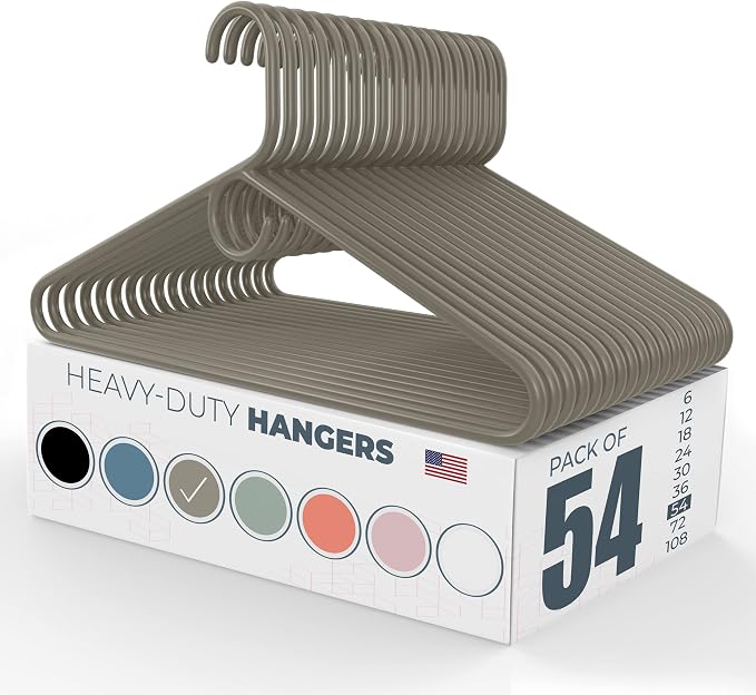 Heavy Duty Clothes Hangers 50 Pack (54 Count) – Made in the USA – 8lb Capacity Plastic Hangers for Adult Clothing – Durable for Pants, Coats, Jackets, or Jeans – Gray
