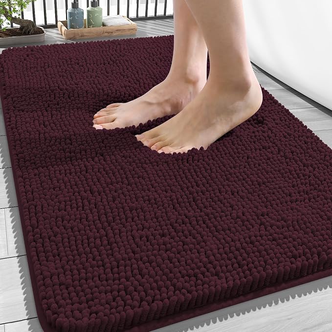 OLANLY Bathroom Rugs 34x21, Extra Soft Absorbent Chenille Bath Rugs, Rubber Backing Quick Dry, Machine Washable Bath Mats for Bathroom Floor, Tub and Shower, Home Decor Accessories, Black Cherry