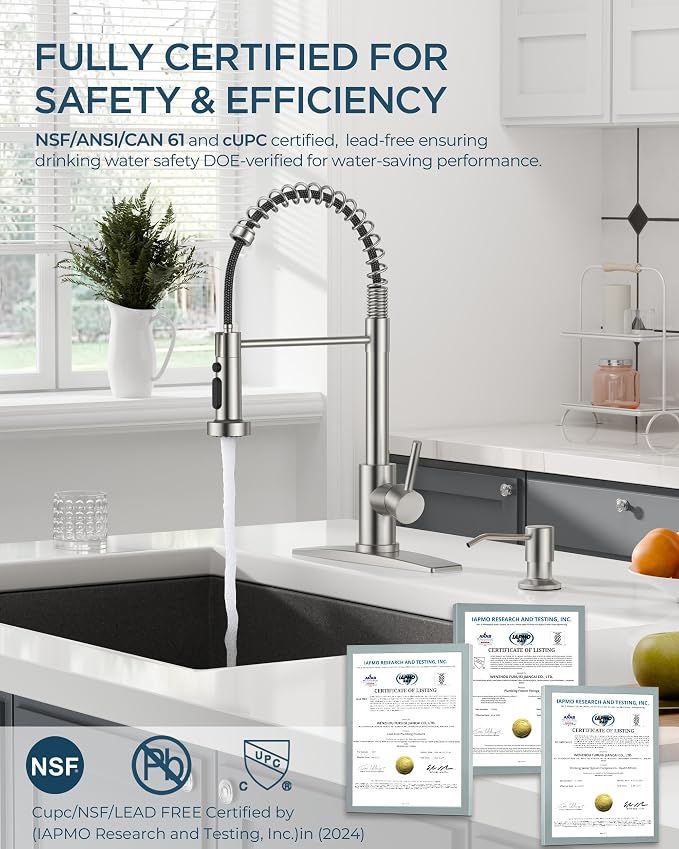FORIOUS Kitchen Faucet with Soap Dispenser, Stainless Steel Kitchen Sink Faucet with Pull Down Sprayer Burhsed Nickel Single Handle Modern Spring Commercial for Laundry Room RV Camp Bar Farmhouse