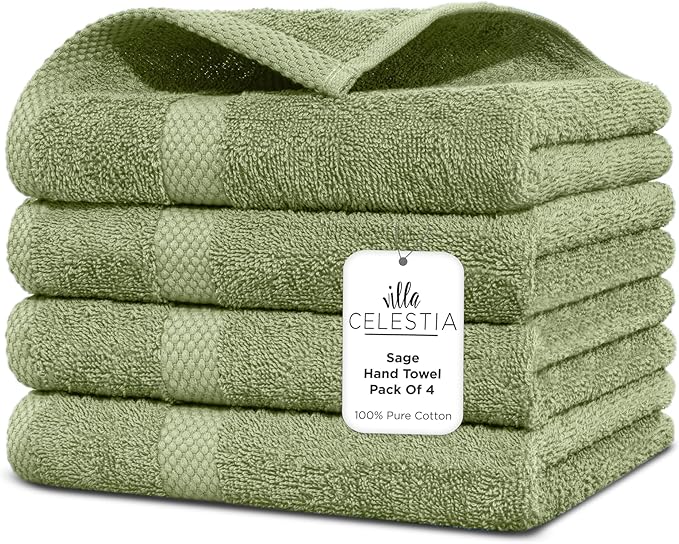 Villa Celestia Cotton Hand Towels Set of 4, 16 x 28, Oeko-TEX Certified, Quick Dry, Sage