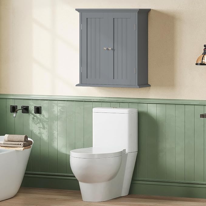 ChooChoo Bathroom Wall Cabinet, Over The Toilet Space Saver Storage Cabinet, Medicine Cabinet with 2 Door and Adjustable Shelves, Cupboard, Grey