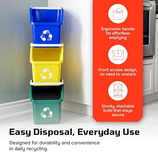 Multi Bin Recycling System with Three Stackable 6 Gallon Recycle Bins for Kitchen Use – Recycling Trash Can Set for Office, Garage, Businesses (6 Pack Blue/Green)