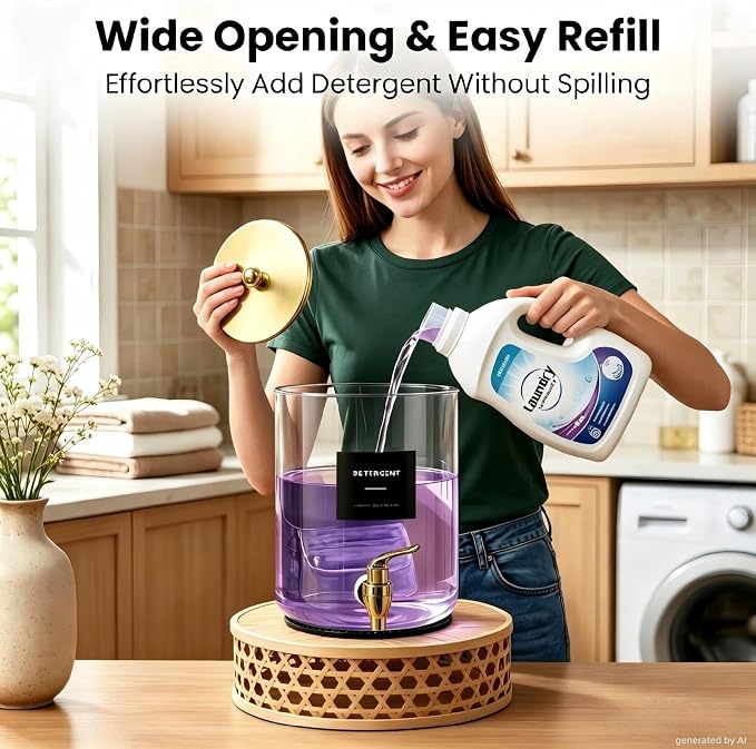 Glass Laundry Detergent Dispenser,1 Gallon Large Liquid Soap 2 Pack(Gold) | Complete borosilicate jars set with leakproof spigots, protective silicone mats, minimalist labels, and dosing cups