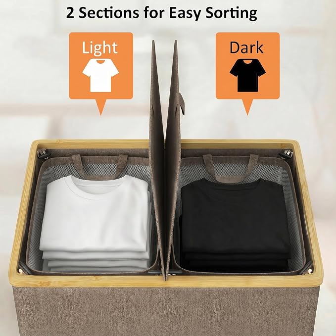 efluky Laundry Hamper with Lid, Double Laundry Basket with 2 Removable Bags, 2 Section Laundry Bin with Bamboo Handles for Bathroom, Bedroom & Laundry Room, 140L (36.9 Gallon) Brown
