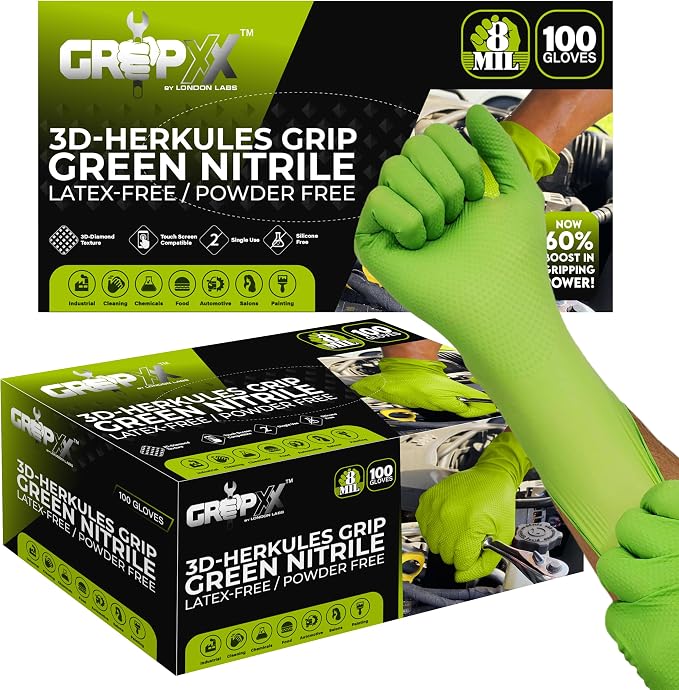 GRIPXX Herkules Grip Heavy Duty 8Mil Green Nitrile Gloves,3D Raised Diamond Texture-Latex & Powder Free-Industrial, Mechanic | Pack of (200 CT)