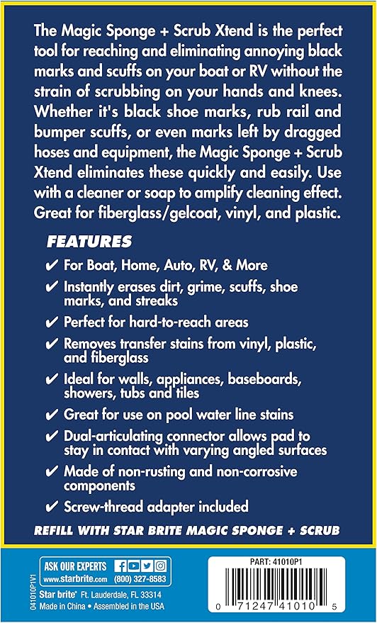 STAR BRITE Ultimate Magic Sponge + Scrub XTEND - Dual Articulating Flex Head, Ideal for Pool, Spa, RV, Boat, and Home, Connects to Extend-A-Brush Handles (041010)