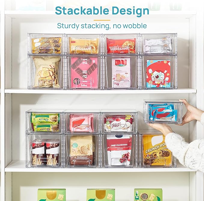 Vtopmart 8 Pack Clear Stackable Cabinet Organizers with Pull-Out Drawers, Clear Storage Drawers, 6 Medium and 2 Small for Under Sink, Pantry, Bathroom, Closet and Kitchen Storage