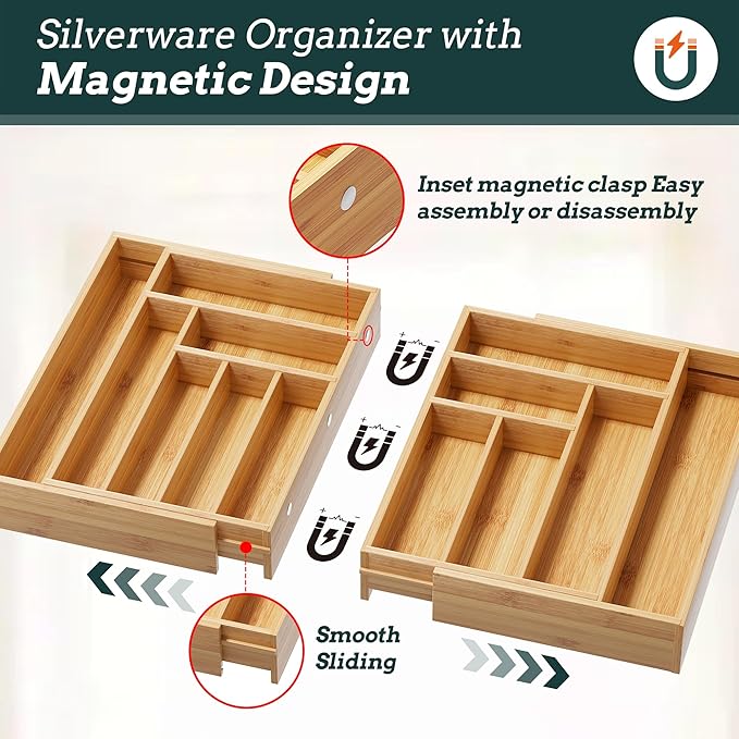 Silverware Organizer Large, Magnetic Connected Expandable 13 Slots Silverware Drawer Organizer From 21 to 37.4 Inches, Adjustable Flatware and Cutlery Holder, Bamboo Utensil Tray for Kitchen Natural