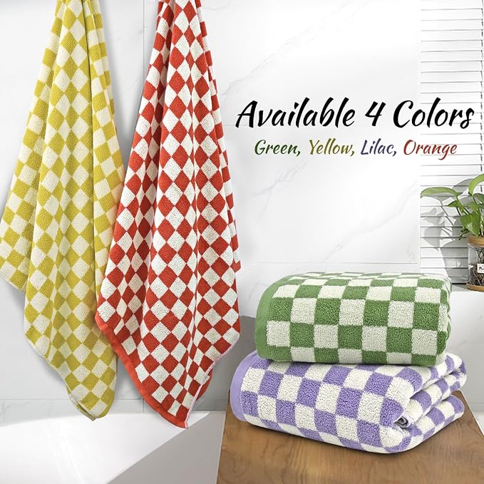 Shower Towels for Bathroom 27.5x55 Inches - Cute Checkered Towel Sets Lilac | Quick Dry Bath Towels Soft & Lightweight (2Pack), 520 GSM Absorbent Cotton