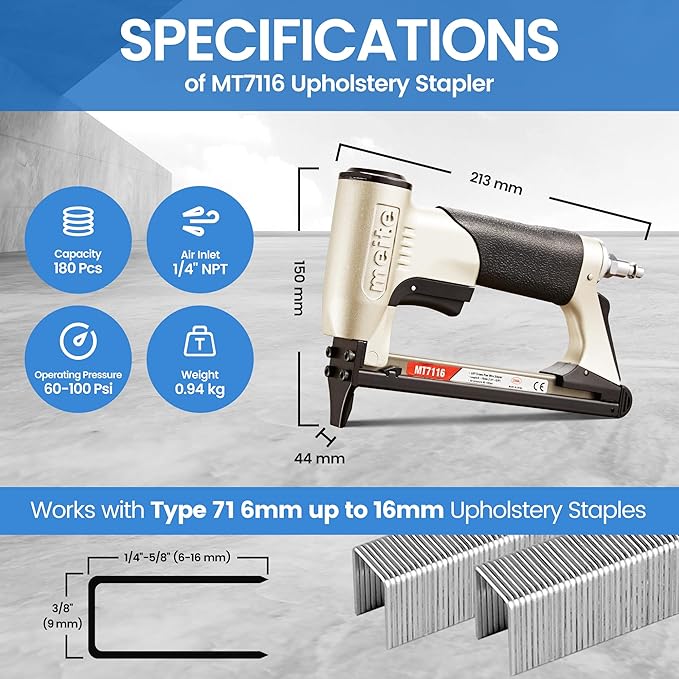 meite MT7116 Pneumatic Staple Gun, 22 Gauge 71 Series 3/8-Inch Crown 1/4-Inch to 5/8-Inch Length Air Upholstery Stapler Gun