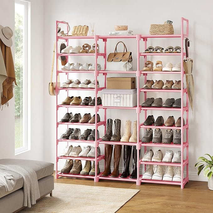WOWLIVE 9 Tiers Shoe Rack Shoe Storage Shoe Organizer 50-55 Pairs Shoe Tower Unit Shelf Durable Metal Pipes with Plastic Connectors Stackable Cabinet Pink