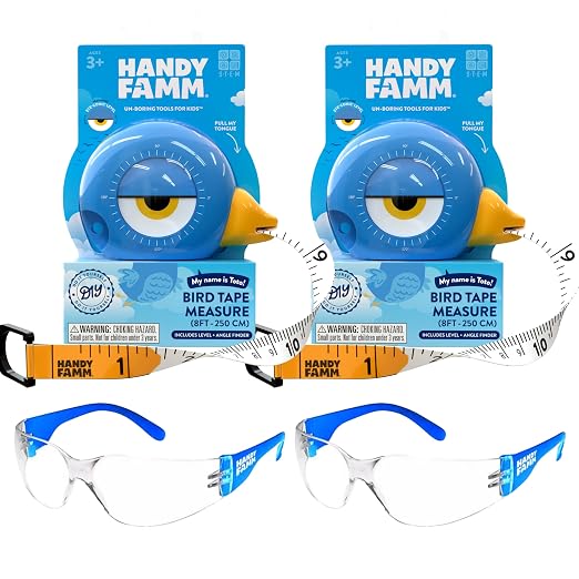 Handy Famm Kids Tape Measure & Safety Glasses Bundle – 2 8ft Bird Measuring Tape for Children, STEM DIY Learning Tool with 2 Safety Goggles, Ages 3+
