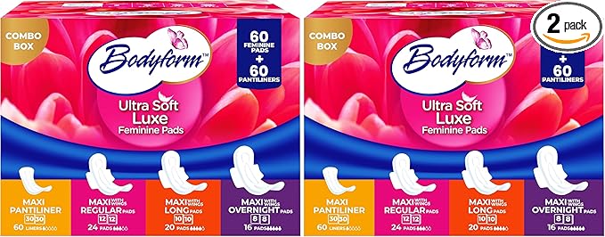 Bodyform Luxe Feminine Pads and Pantyliners Combo – 120 Count (60 Pads + 60 Liners), Ultra-Soft, Super Absorbent, Leak Protection, Daily Comfort & Freshness (Pack of 2)
