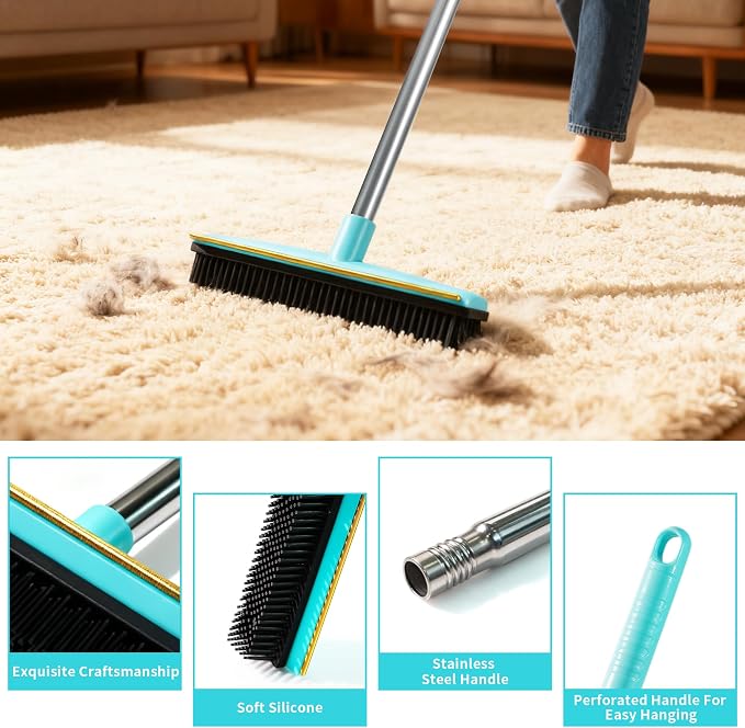 3 in 1 Carpet Rake for Pet Hair Removal Tool, Rubber Broom 58 Inch Adjustable Long Handle Carpet Scraper for Dogs and Cats, Carpet Brush Lint Remover for Carpets, Rugs, Mats, Couch