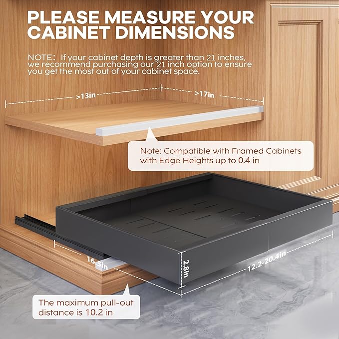 Seinloes 2 Pack Expandable Pull Out Cabinet Organizer 16.5"Deep With Raising Pad for Framed Cabinets,Upgrade 3 Slide Rails Slide Out Drawers,No Drill Roll Out Shelves,Adjustable Width 12.2"-20.4"Black