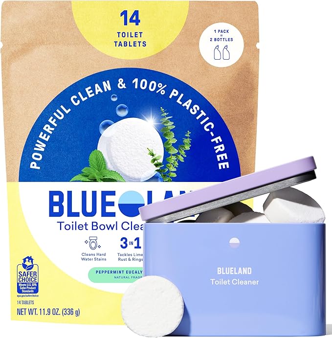 BLUELAND Toilet Bowl Cleaner Tablets, 14 Count (Pack of 1), Peppermint Eucalyptus, Plastic-Free, No Harsh Chemicals, Plant-Based, Septic-Safe, Removes Lime, Rust, Hard Water and Toilet Ring Stains