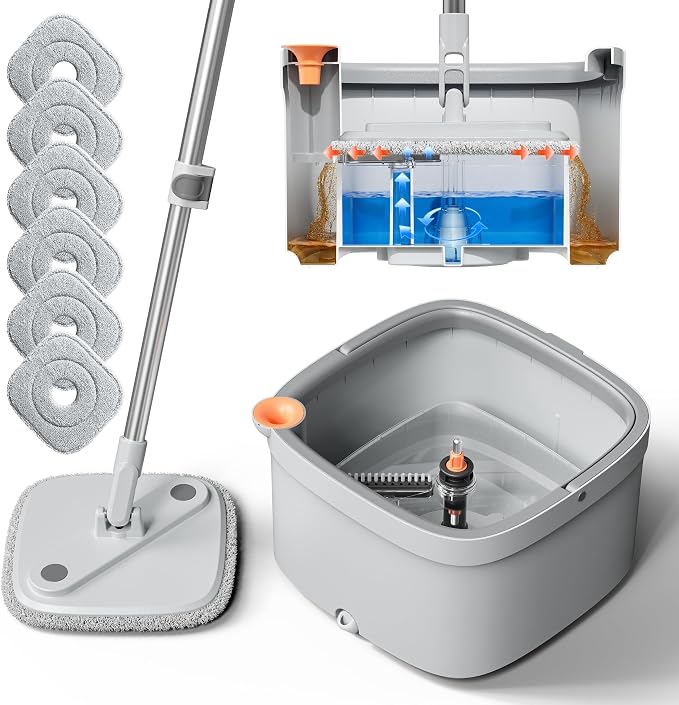 Spin Mop and Bucket Set with Self Separation Dirty and Clean Water System, Self Wringing 360° Rotating Square Mop Head for Home Floors Cleaning (1.0 Mop and Bucket Set (6 Pads))