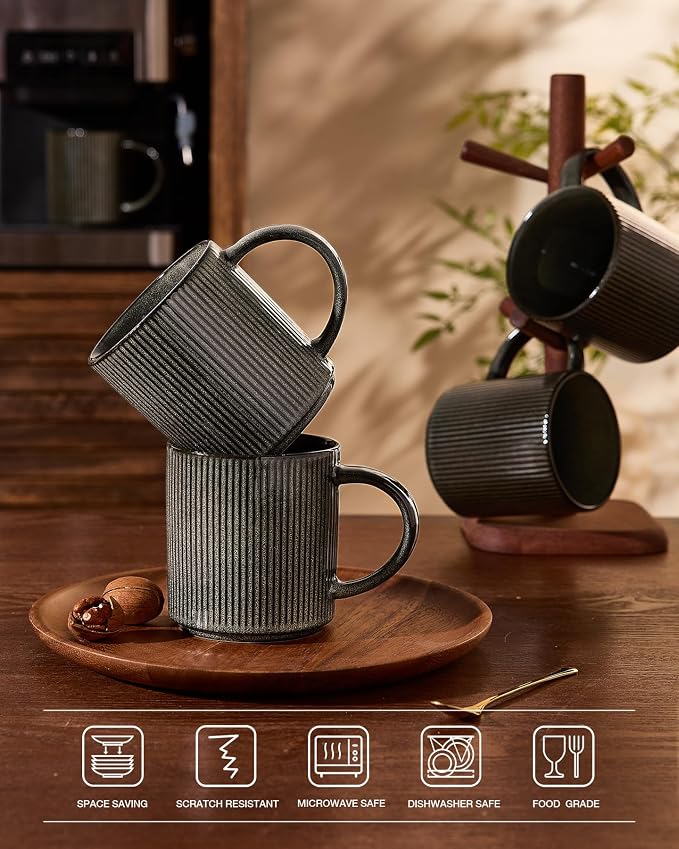 famiware Coffee Mug Set for 6, Star 16 oz Catering Mugs Cup Set with Handle for Coffee, Tea, Cocoa, Milk - Ceramic Stoneware Drinkware Set, Deep Forest