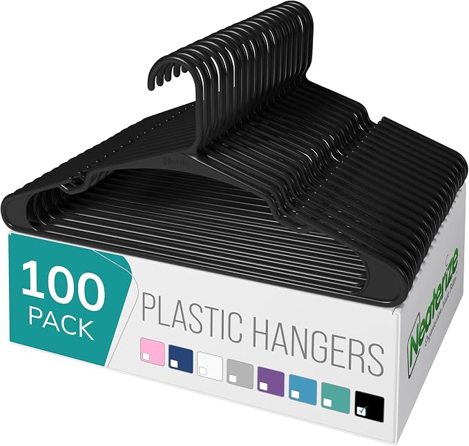NEATERIZE Clothes Hangers Plastic 100 Pack for Adults - Plastic Hangers, The Perfect Coat Hanger and Space Saving Clothes Hangers for Closet - Black Hangers