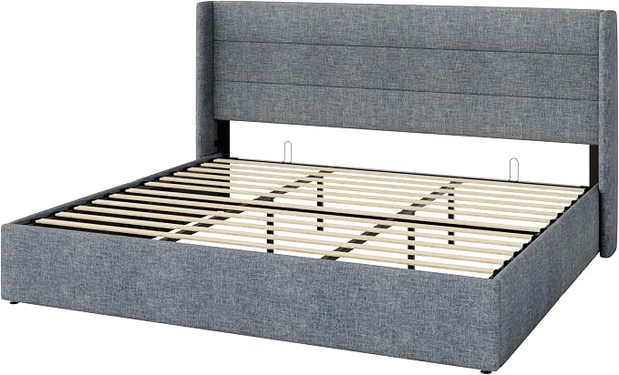 Allewie King Size Lift Up Hydraulic Storage Bed Frame Blue Grey | Modern Wingback Headboard, Hydraulic Support Storage, No Box Spring Needed