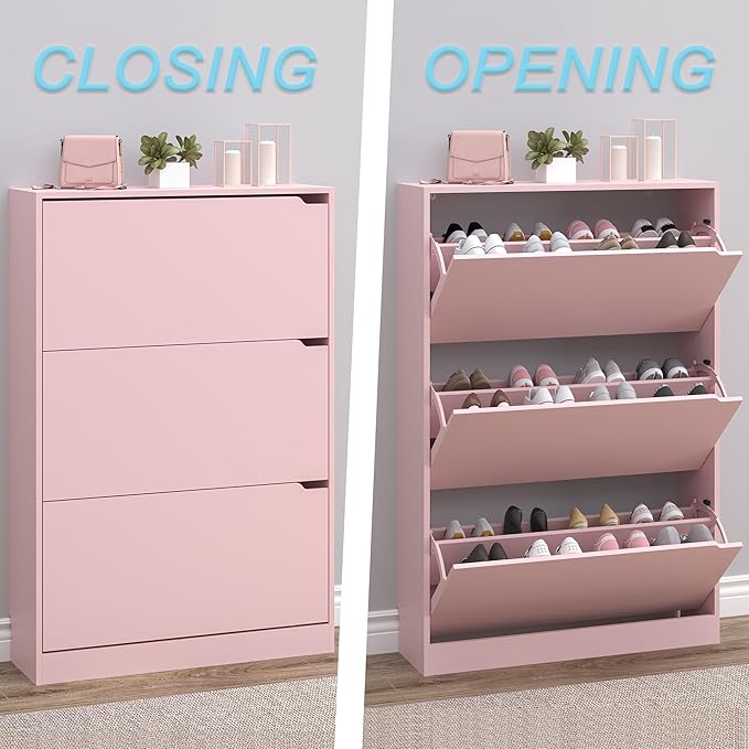 BORNOON Shoe Cabinet with 3 Flip Drawers, Hidden Wood Shoe Cabinet,Freestanding Shoe Storage Cabinet for Entryway Hallway.White. 47.2" H*31.5" W*9.45" D (Pink)