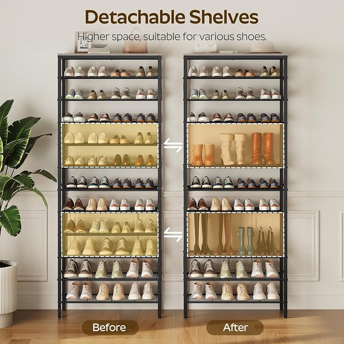 YATINEY 12 Tier Shoe Rack, Large Capacity Shoe Storage Organizer Holds 48 Pairs, Sturdy and Stable, for Entryway, Hallway, Closet, Dorm Room, Greige and Black SS12BG