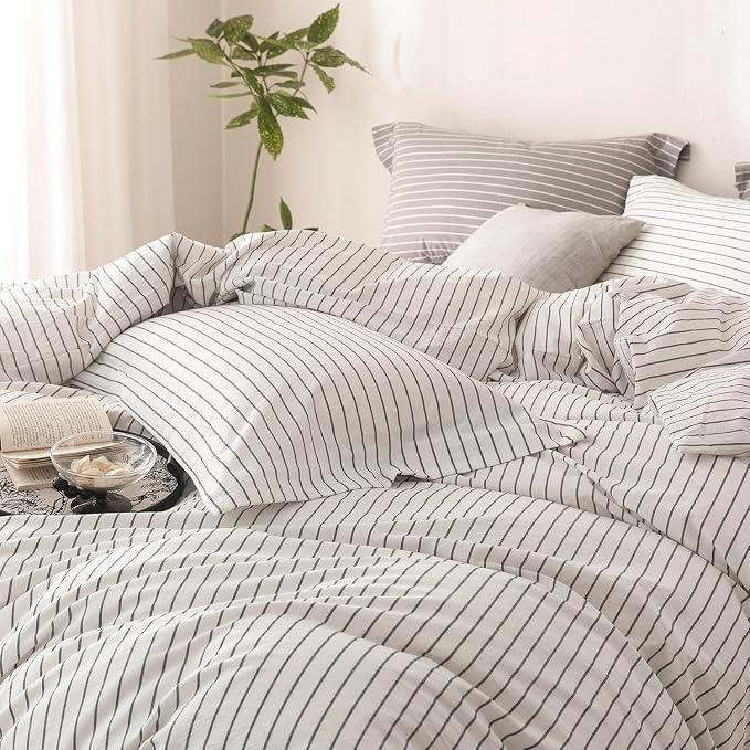 Stripe Duvet Cover Super King Size 108inch x 98inch, 100% Washed Cotton Linen Feel Duvet Cover with Zipper Closure and 2 Pillowcases, Color of White-Dark Grey Stripe