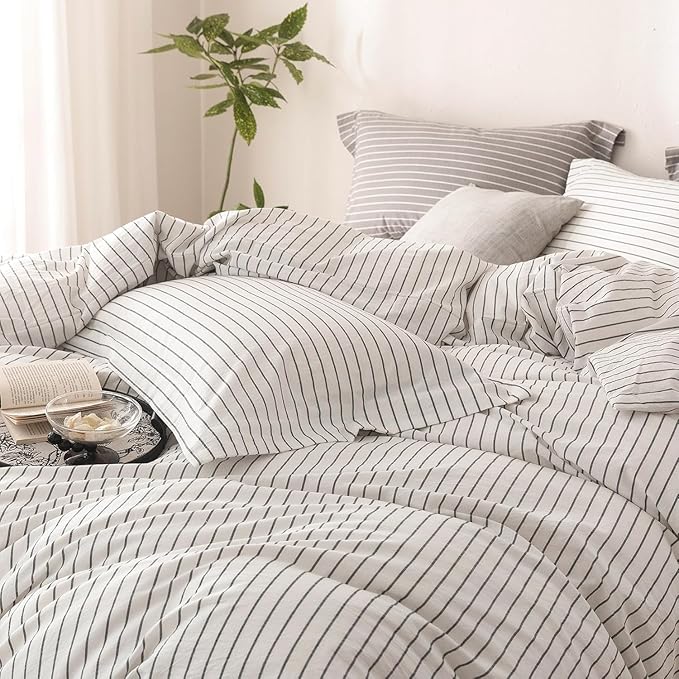 Stripe Duvet Cover California King Size 104inch x 98inch, 100% Washed Cotton Linen Feel Duvet Cover with Zipper Closure and 2 Pillowcases, Color of White-Dark Grey Stripe