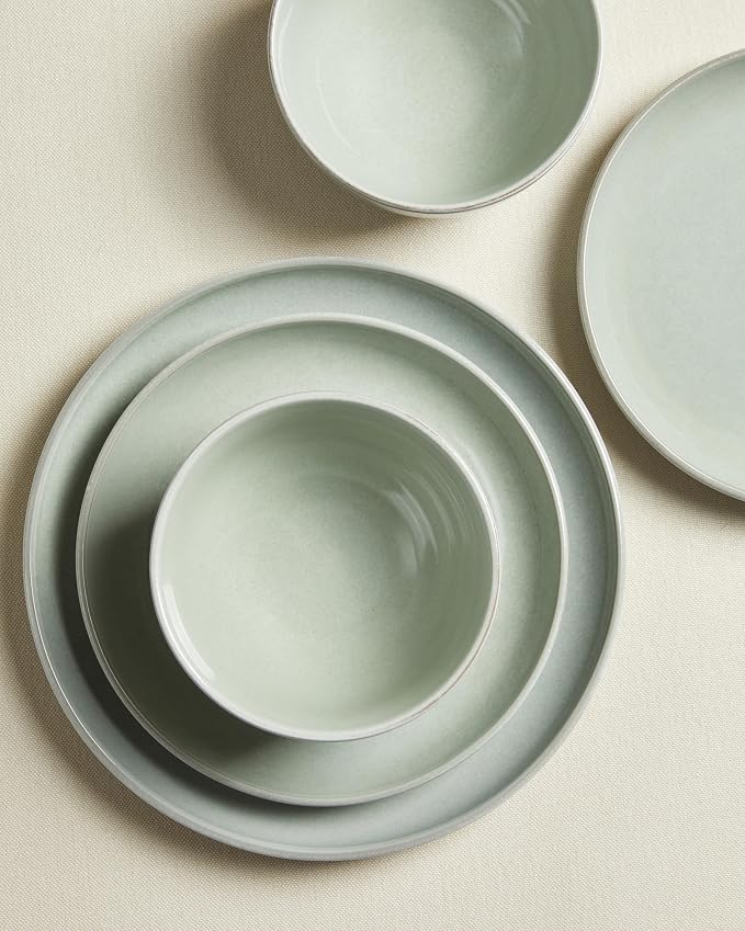 Pokini Santorini Mist Terracotta Reactive Glaze Plates and Bowls Sets, Stoneware Dinnerware Sets, Microwave and Dishwasher Safe Ceramic Dish Set Service for 4, Slate Green