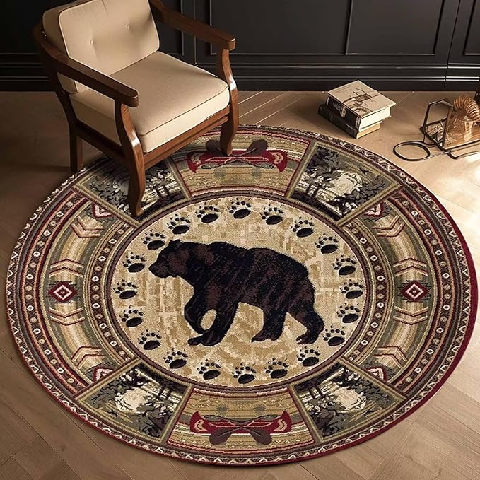 Round Cabin Bear Area Rugs 4ft for Laundry Room Dining Room Bathroom Western Indoor Decorative Carpet Non-Slip Lodge Bear Paws Entryway Mat