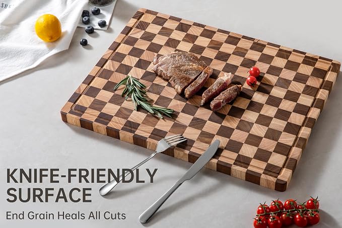 Checkered Cutting Boards for Kitchen, 20" x 15" Chopping Board | 1" Thick Acacia Wood Cutting Board with Juice Grooves, Extra Large Butcher Block for Prep, Serving, Stovetop with Gift Box