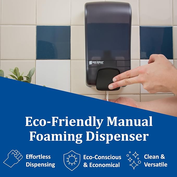 San Jamar Manual Soap Dispenser – 1300 mL Capacity Liquid Dispenser for Bulk Foaming Soaps, Wall Mount, Refillable with Transparent Reservoir Easy Push Bar for Commercial or Office Use, Black Pearl
