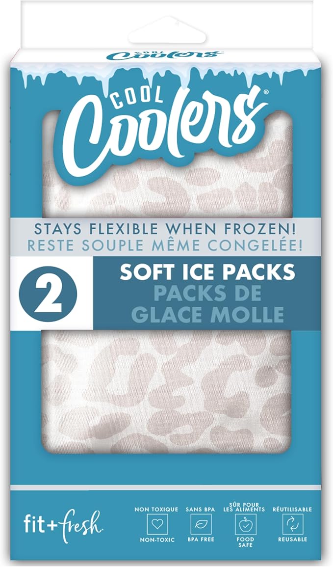 Fit & Fresh Cool Coolers 2 Pack Soft Ice for Lunch Bags, Flexible Stretch Nylon, Durable, Reusable Lunch Box Ice Packs, Soft Ice, Reusable Freezer Packs, Lunch Ice, Easy to Clean, Ivory Feline
