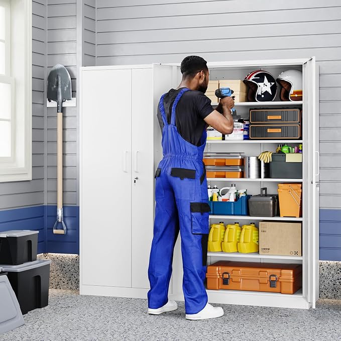 Metal Garage Storage Cabinet with 2 Doors and 5 Adjustable Shelves - 71" Steel Lockable File Cabinet,Locking Tool Cabinets for Office,Home,Garage,Gym,School (White)