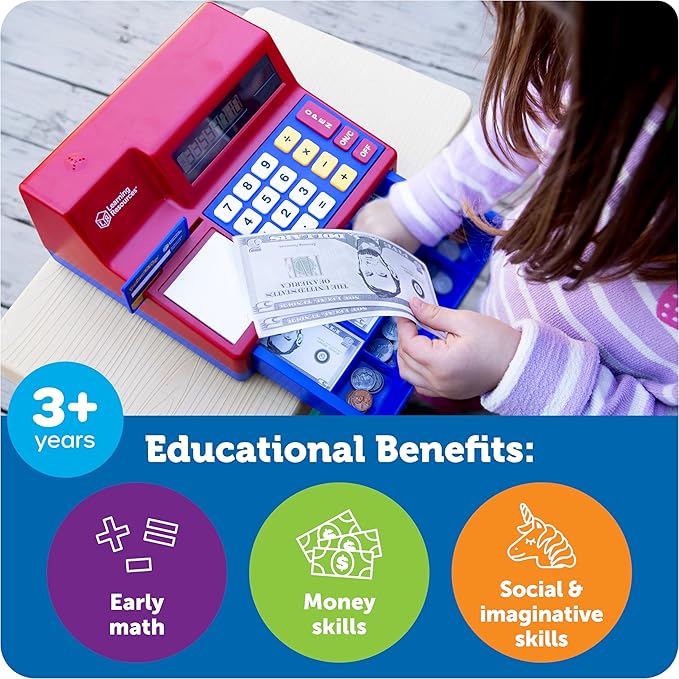 Learning Resources Pretend & Play Calculator Register Toy - Kids Play Set & Credit Card Toy, Register for Kids, Pretend Grocery Store Shopping Playset for Toddlers, Teaching Math Set