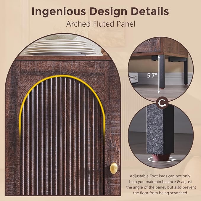 IFGET 123.5" W Modern Arched Sideboard Buffet Cabinet with Storage, Brown | Fluted Arch Sideboard Cabinet w/Adjustable Shelves, Wooden Modular Kitchen Cabinet for Dining& Living Room, Entryway