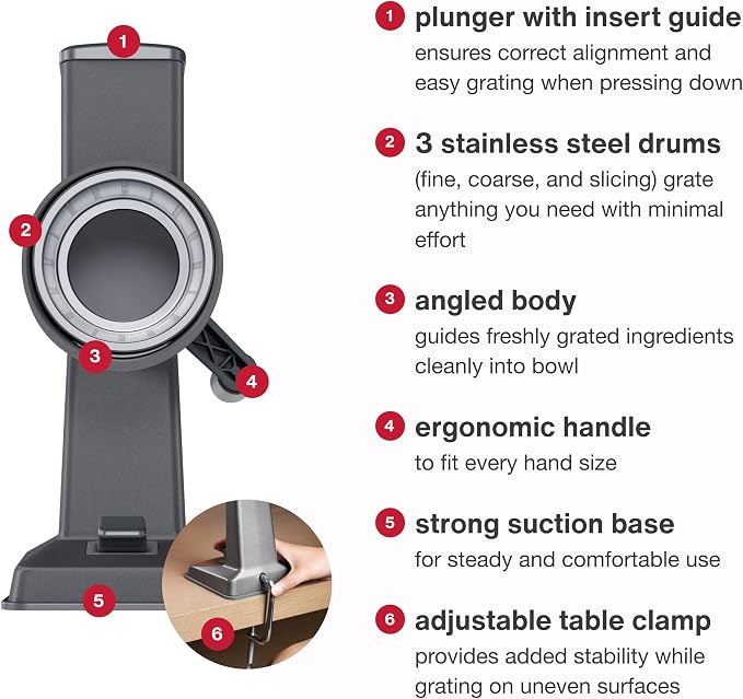 Zyliss Rotary Cheese Grater, Aluminium, 3 Steel Drum Blades, Cheese, Vegetable, Chocolate, Nut, Fruit Grater with Handle, Non-Slip Suction Foot and Table Clamp, 5 Year Guarantee