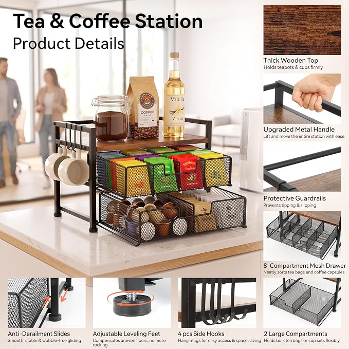 Beslands Tea Bag Organizer & Coffee Station, Matcha Kit Storage, 2 Drawers Tea Bar Tea Box Kitchen Shelf for Countertop, Teabag holder with 4 Hooks, Matcha Tea Station