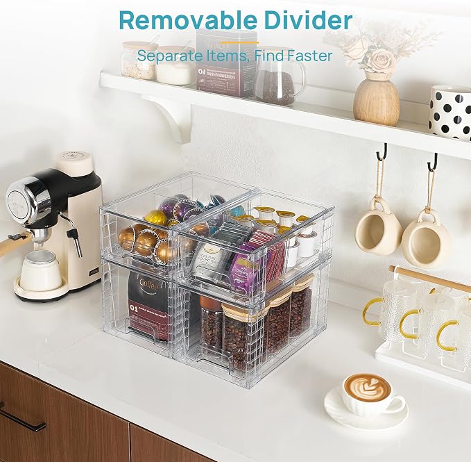 Vtopmart 4 Pack Clear Stackable Storage Drawers,Under Sink and Kitchen Organizers Storage,Easy to Assemble Plastic Drawers for Baby Bottle,Medicine, Bathroom,Cabinet and Pantry Organization