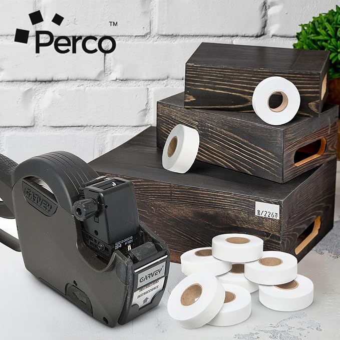 Perco White Price Marking Labels - 44,000 Blank Labels for Garvey Contact 22-6/22-7/22-8 Price Gun with Ink Roll Included - 36 Rolls, 4 Sleeves - Made in USA
