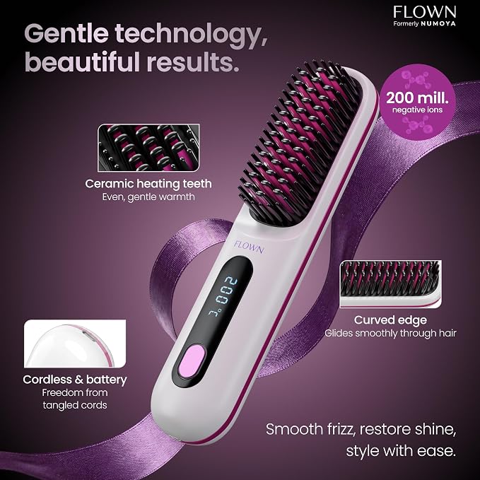 flown® Original Go Brush PRO [Five Minutes Hair Styling Routine] - No Damage Heat Brush with USB-C Charger - Electric Travel Pocket Brush for All Hair Types - White (Formerly Numoya)