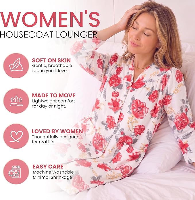 Casual Nights Women's Floral Snap Front Flannel Duster Long Sleeve Lounger Dress