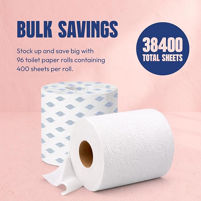 Toilet Paper Bulk 2-Ply White, 96 Individually Wrapped Rolls, 400 Sheets per Roll (38,400 Total Sheets), 100% Recycled Commercial Bath Tissue, Septic Safe Standard Roll for Office and Home