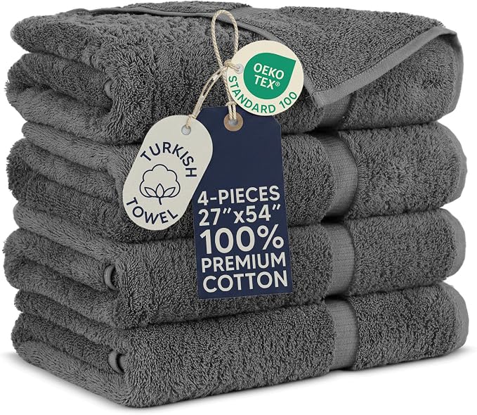Towel Bazaar 4-Piece Bath Towel Set, 100% Premium Cotton Turkish Towels, 27x54 Luxury Towel Super Soft and Absorbent, Perfect Use for Bathroom, Shower Towels - Dark Gray