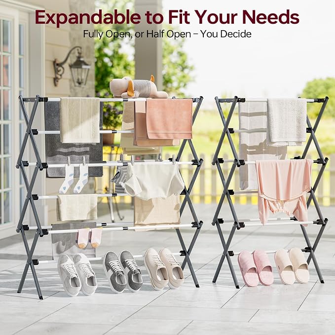 APEXCHASER Large Clothes Drying Rack, Metal Expandable Laundry Rack, 44.88" Height, Adjustable Width 20.87-35.43in, Space Saving Foldable, Indoor Outdoor Use for Laundry, Towels, Shoes, Grey White