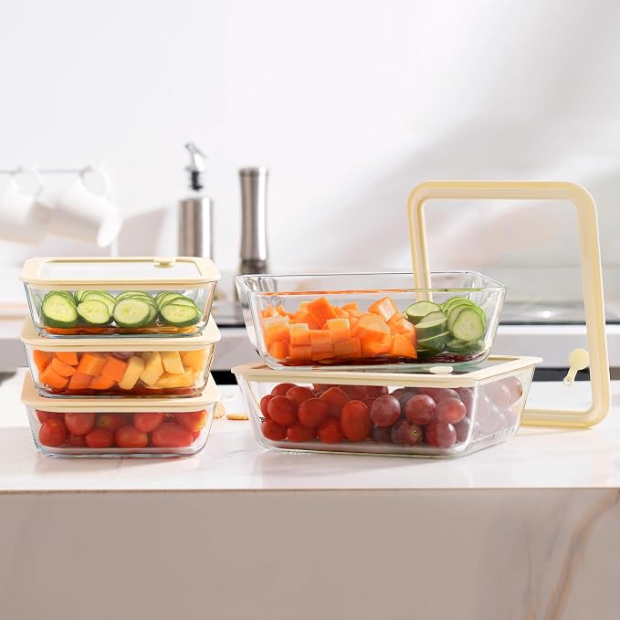 Glass Food Container Set with Glass Lid, 3 Pack, Food Storage Containers Set, Airtight, LeakProof, 100% Plastic Free, Meal Prep Containers (White Color)