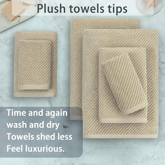 VOOVA & MOVAS 6PC Towel Set, 100% Cotton, Dark Beige | 2 Bath 30x56 In, 2 Hand 18x28 In, 2 Washcloths 13x13 In, Soft, Thick, Quick Dry, Luxury Towel Gift Set