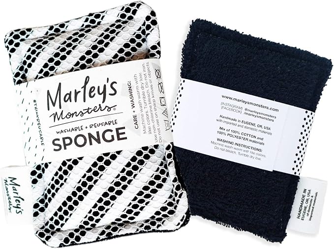 Marley's Monsters Washable Sponge – Reusable Eco-Friendly Scrubber – Dual-Sided for Gentle Cleaning or Heavy Duty Scrubbing – 4" x 5.5" Handmade in USA(Medium Stripe/Black Back)