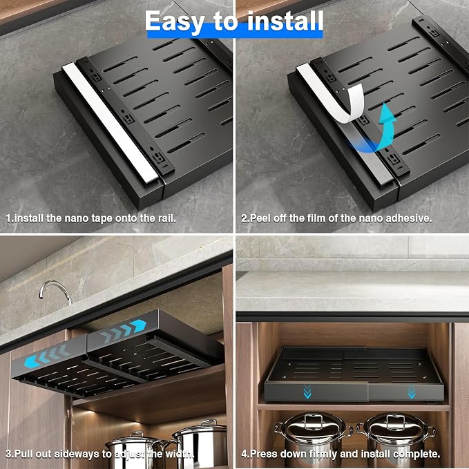Mustorn 2 Pack Pull Out Cabinet Organizer, Expandable Slide Out Drawers for Kitchen Cabinets Peel and Stick Pullout Drawer Heavy Duty Sliding Shelves for Cupboard, Pantry, Bathroom(16.5" Deep, Black)