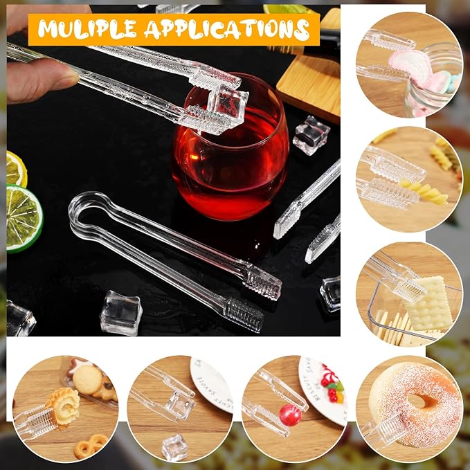 Nuogo 100 Pcs Plastic Buffet Serving Tongs 6.3 Inch One-off Clear Kitchen Tongs Mini Serving Utensils for Food Ice Salad Buffet Barbecue Cookies Tea Coffee Appetizers Party Supplies